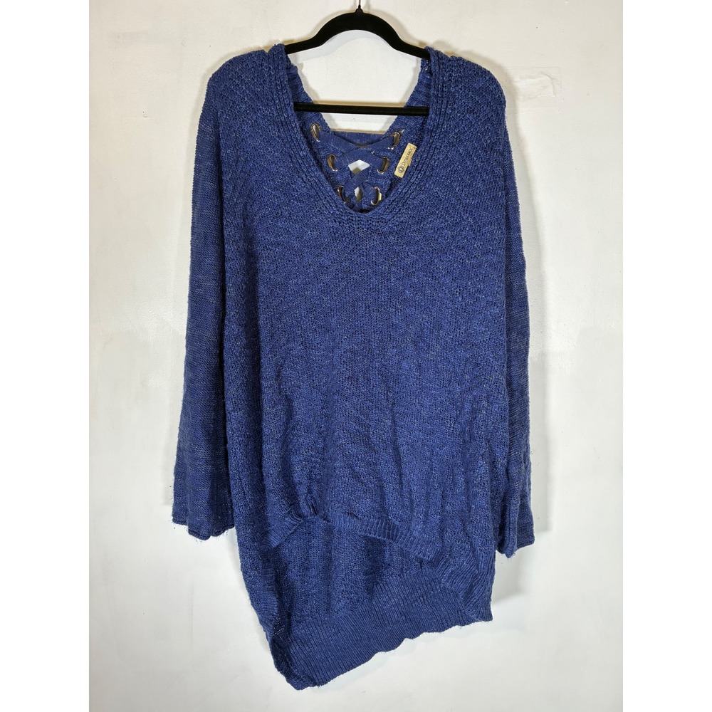 Democracy XL Blue Knit Sweater Tunic Lace Up Corset Back Hi Low Flare Sleeve